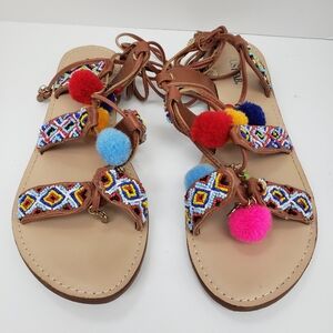 Just Fab Juhlia Sz 10 Flat Sandal Beaded Pom Pom Gladiator Style Chinese Laundry